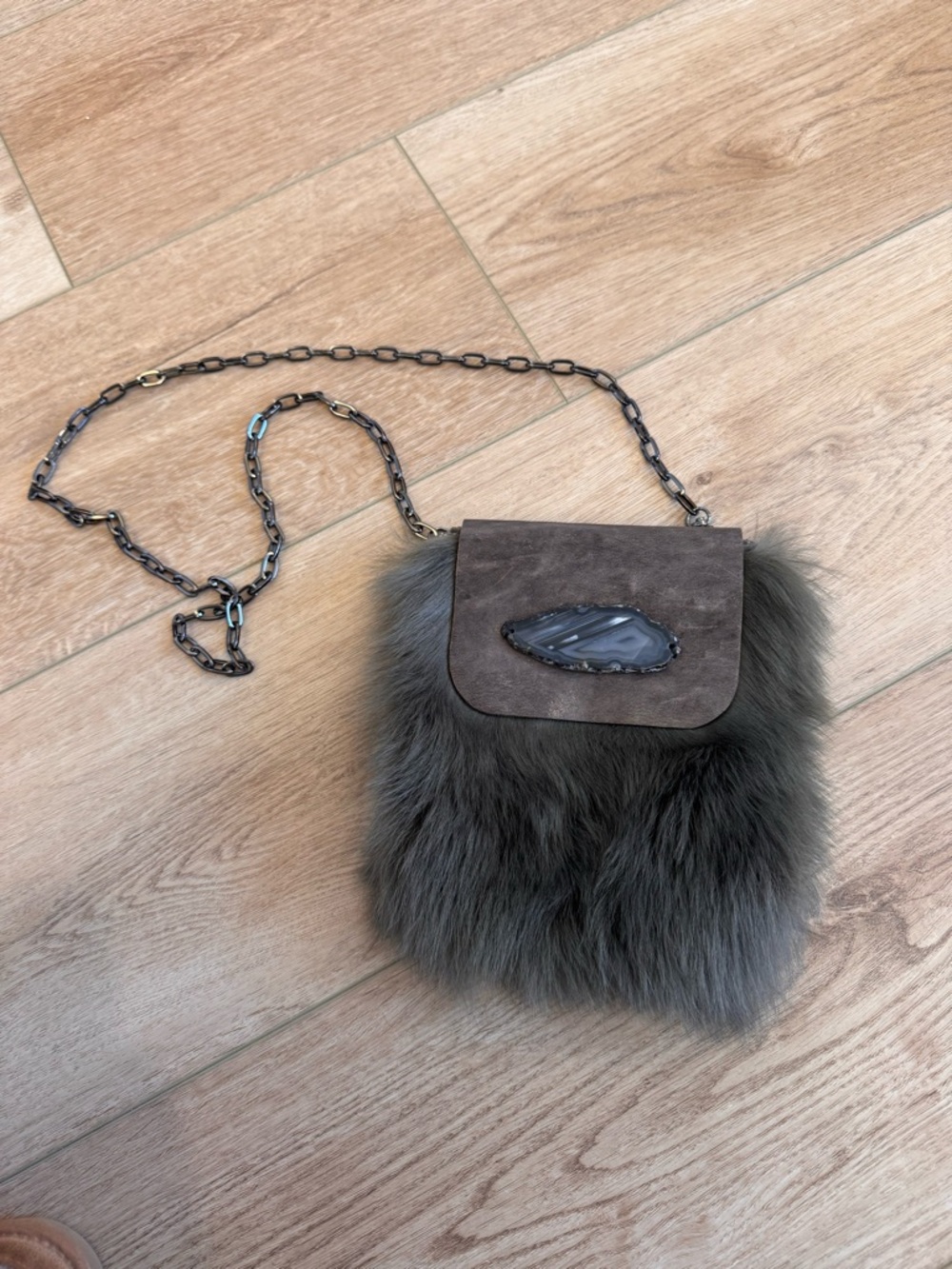 Fur Crossbody leather Bag with Stone Agate Accent - Gray